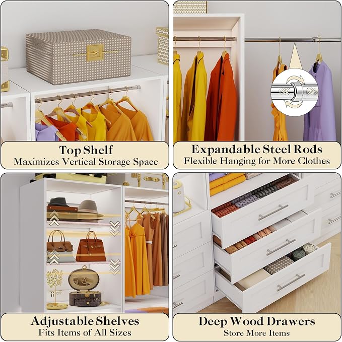 Closet System with 3 Sets, 6-16FT Closet Organizer System with 6 Drawers & 5 Shelves & 6Hanging Rods, Custom L-Shaped Walk in Closet Organizers and Storage System, Modular Closet Shelving System,White