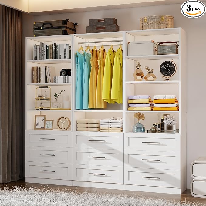 Closet System with 3 Sets, 6–15 FT Closet System with 9 Drawers, 9 Shelves & 4 Adjustable Hanging Rods, Max 189.3" Closet Organizer Systems for Walk-in Closets, Modular Custom Closet Tower, White