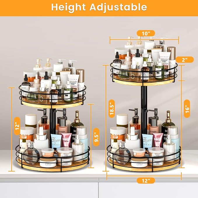 2 Tier Lazy Susan Spice Rack Organizer, Rotating Turntable, Black | Height Adjustable, Wood, 12 Inch, For Cabinet Dining Table Kitchen Bathroom Countertop
