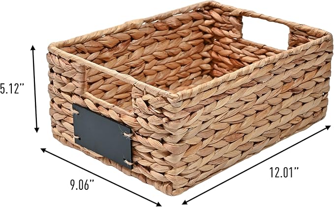 happimess Lane Hyacinth Wicker Pantry Baskets 9"x12"x5", Natural, Set of 4 | Handwoven Decorative Seagrass Containers, Chalkboard Labels, Built-In Handles, Classic Farmhouse Style, Iron Metal Frame