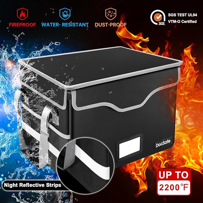 DocSafe Fireproof Document Box with Lock, File Storage Organizer with Mesh Pockets, Collapsible Portable File Box Home Office Safe Filing Cabinet with Handle for Hanging Letter/Legal Folder, Black