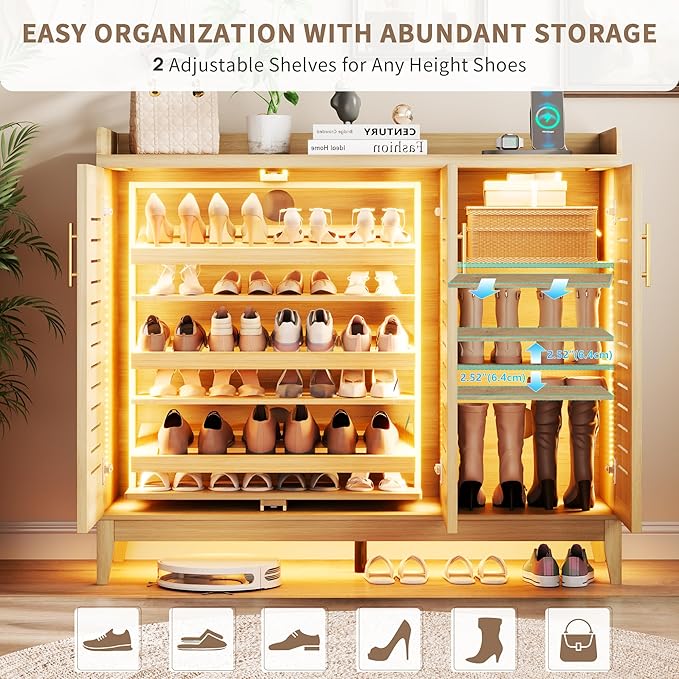 Vlsrka Shoe Storage Cabinet with Shutter Doors and Adjustable Shelves | 6 Tier Wooden Shoe Organizer, Large Capacity, Human Sensor Lighting, 180° Rotating, for Entryway, Hallway, Living Room, Wood