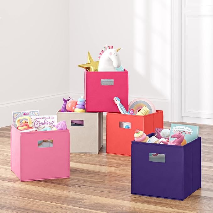 RiverRidge Folding Storage Bins - 2-pack of 10in Tall Pink Cubes | Fabric Bins, Set of 2 Storage Cubes, Cut-out Handles, Playroom Closet Organizer, Collapsible Cubby with Bottom Board Insert