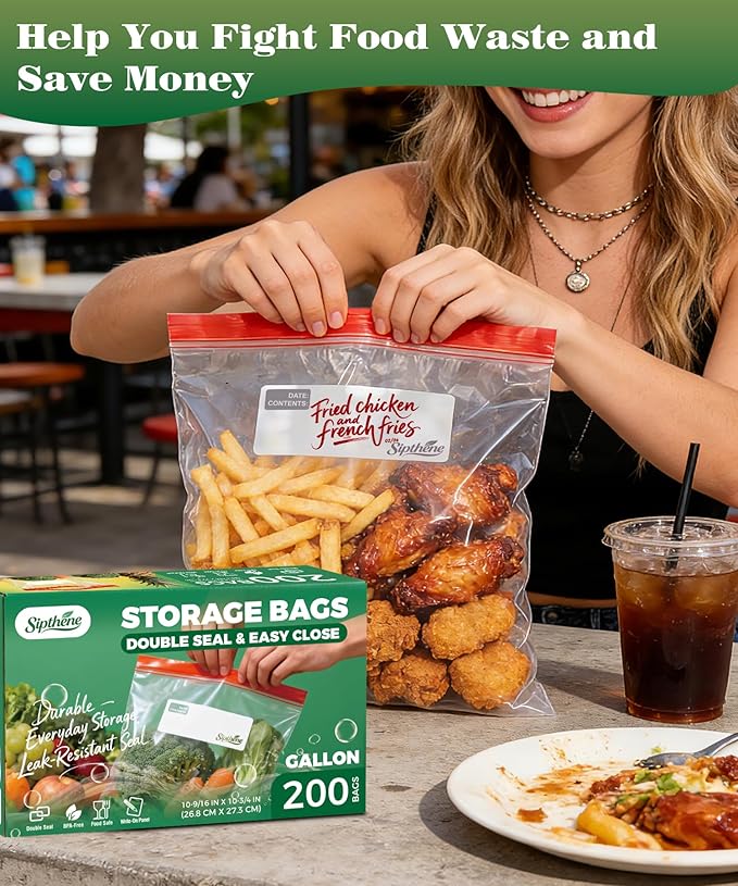Gallon Food Storage Freezer Bags 200 Count, Heavy Duty & BPA Free Gallon Bags with Double Zipper Seal, Write On Labels, Kitchen and Meal Prep Baggies, Non Stand Up Design | Leakproof Seal, Locks in Freshness