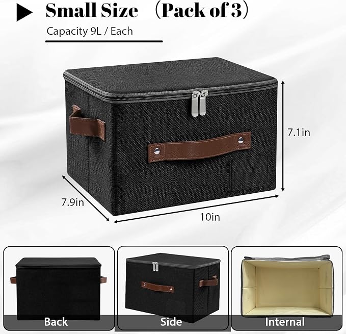 ANMINY Small Fabric Storage Box Bins with Zipper Lid, Washable Black, 3PCS | Cotton Linen Fabric, PP Board Frame, Label Holder, Stackable & Foldable, PU Handles, Dual-Zipper 3-Side Open Lid