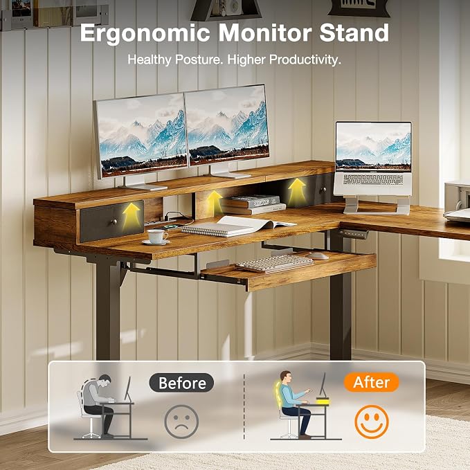 Casaottima 59" L Shaped Electric Standing Desk with Drawers, Rustic Brown | Monitor Stand, Keyboard Tray, Fabric Drawer, Power Outlets, Height Adjustable Corner Stand Up Desk for Organized Home Office