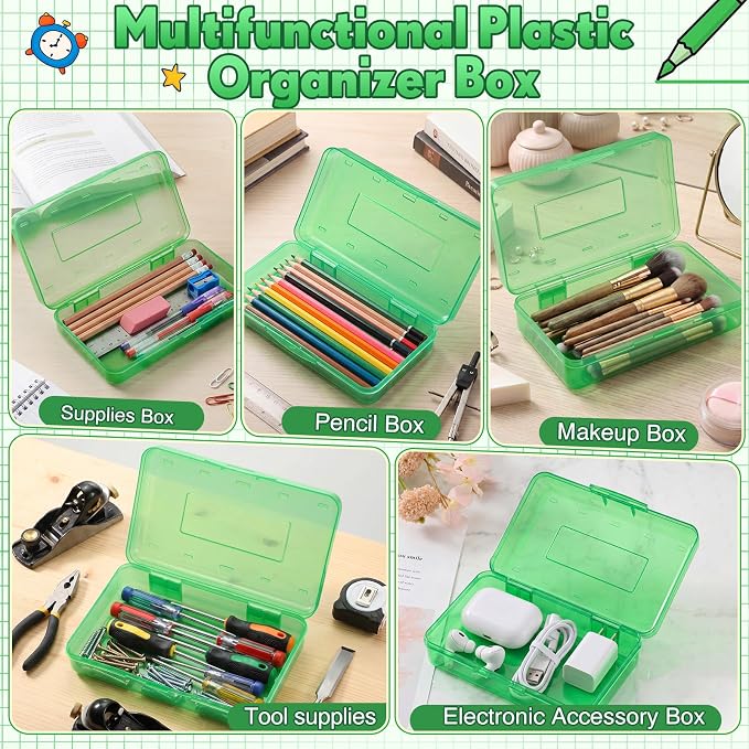 Blulu 6 Pack Large Plastic Pencil Case Box Clear Pencil Boxes Bulk Hard Crayon Box Storage with Snap Lids 8.1 x 4.7 x 2.2 Inch Painting Organizer Classroom Stationery School Supplies (Green)