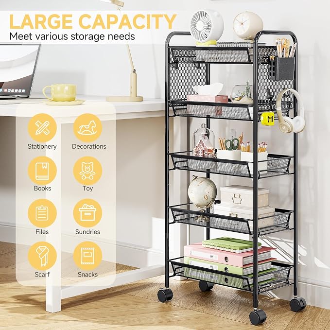 5 Tier Metal Rolling Utility Cart - Heavy Duty Storage Trolley with Pegboard, 4 Hooks & 1 Bin, Mobile Organizer Shelves for Bathroom Kitchen Office Craft Room Laundry, Black