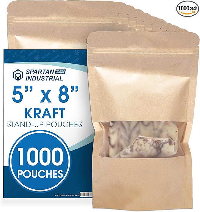 Spartan Industrial - 5" X 8" Kraft Zip Top Food Storage Bags - Pack of 1000 Smell-Proof Resealable Pouches for Packaging Coffee, Tea, Spices, Snacks, and More