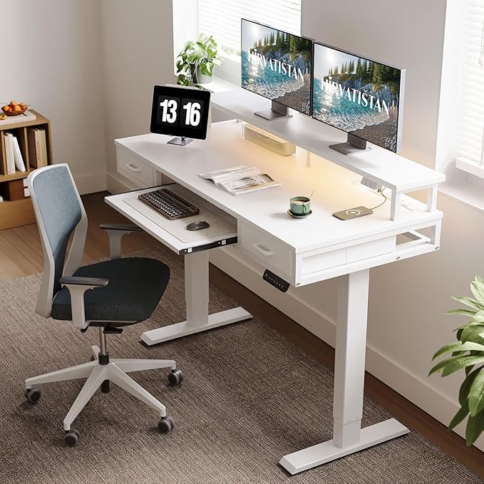 AODK 55 Inch Electric Standing Desk with Drawers & Keyboard Tray, White | 3 Outlets & 2 USB Ports, 20-Mode LED Lights, Monitor Stand, Cable Management Tray, 3 Memory Heights, 29.9"-46.1" in Range