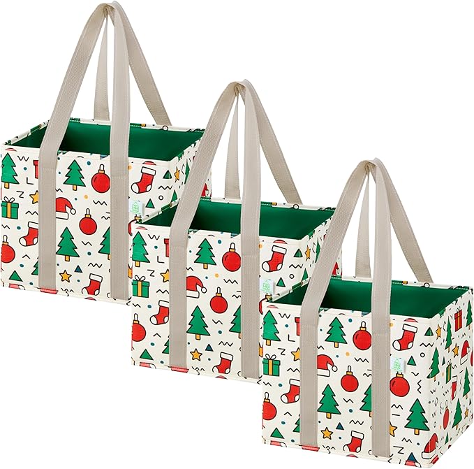 VENO 3 Pack Reusable Grocery Bags, Shopping Bags for Groceries, Tote with Handles and Hard Bottom, Foldable Shopping Cart Organizer, Water Resistant, Heavy-Duty (Jingle Mix, 6 Gallon)