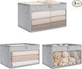 WUIKE 3 Pack Large Fabric Storage Baskets with Window, Herringbone Gray | Foldable Closet Storage Bins with Handles for Clothes, Towels, Blankets, Shelves and Linen Closet Organization