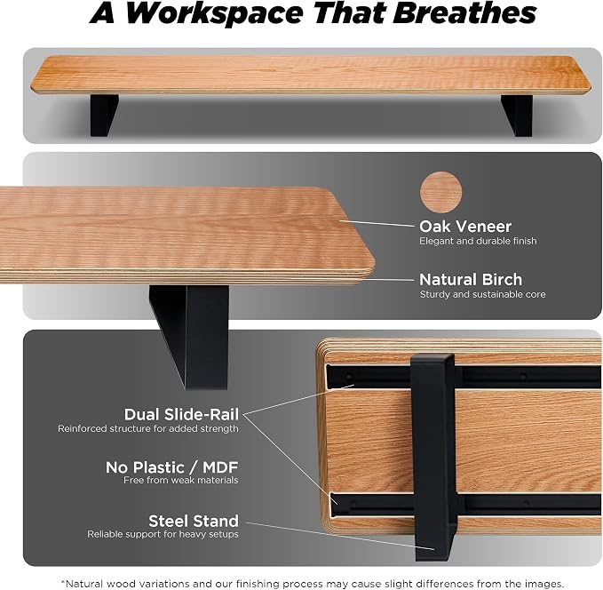 ULTRARM Moodular Wooden Monitor Stand Desk Organizer, Large 45.6" Oak | Customizable Organized Workspace, Aluminum Slide Rails, 10 Add-Ons Sold Separately: Storage Drawer, Tablet, Phone & More