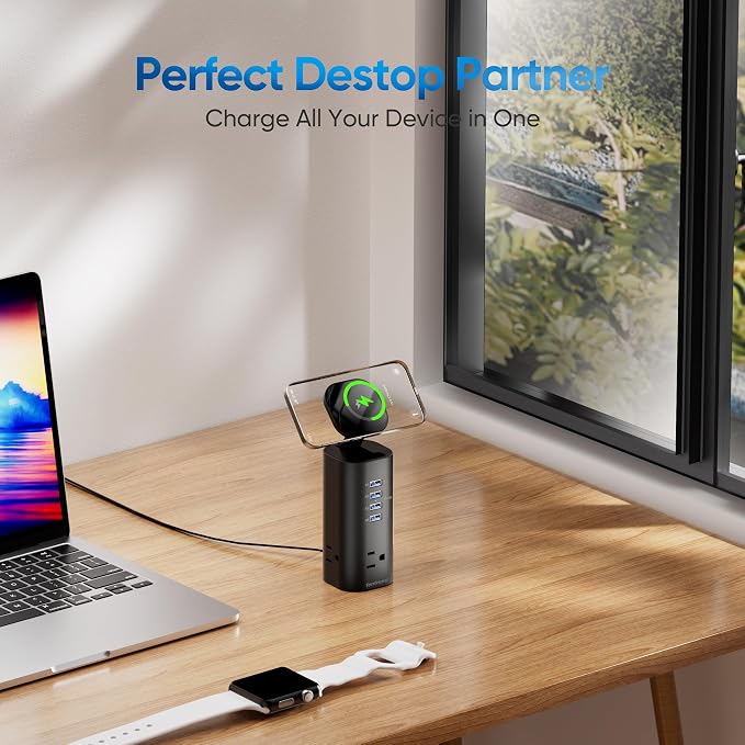 115W Fast Charging Station, TenTrend Power Strip Tower, 5FT Extension Cord | Charging Tower with 3AC Outlets & 8 USB Ports(4 USB-C), Foldable 15W Charging, Dorm, Office Desk Supplies
