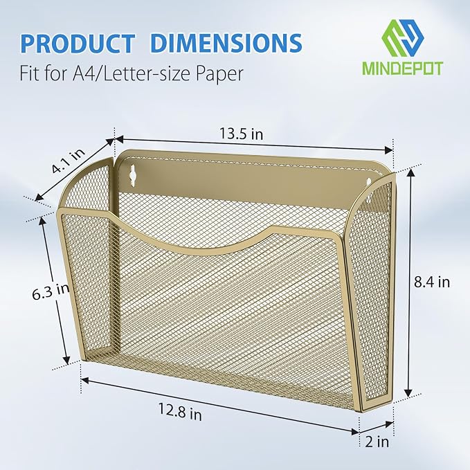 MINDEPOT Wall File Organizer - Heavy Duty Iron Office File Holder for Wall Mount - Hanging Document Organizer for Business, Classroom, Home Office