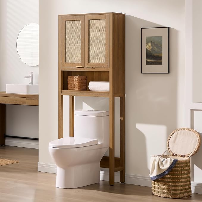 SICOTAS Over the Toilet Storage Cabinet, Rattan Door Bathroom Organizer | Freestanding Bathroom Organizer with Adjustable Shelf, Over Toilet Storage Cabinet for Bathroom, Laundry Room, dnd Restroom