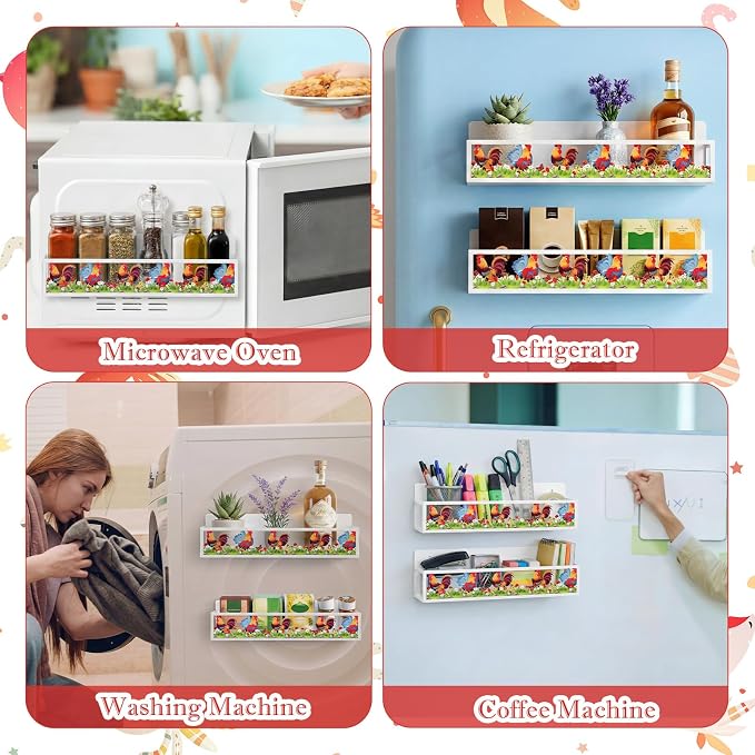 Beeveer 2 Pack Rooster Farm Magnetic Spice Rack Metal Fridge Shelf Storage Basket for Refrigerator Condiment Seasoning Bottles, Country Farmhouse Cottage Kitchen Home Decor Accessories