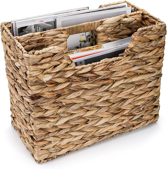 Yesland Hand-Woven Magazine Basket 14.5"x8"x11.75" - Natural Water Hyacinth Wicker Storage Organizer with Handle, 2 Compartments for Home Office Desk