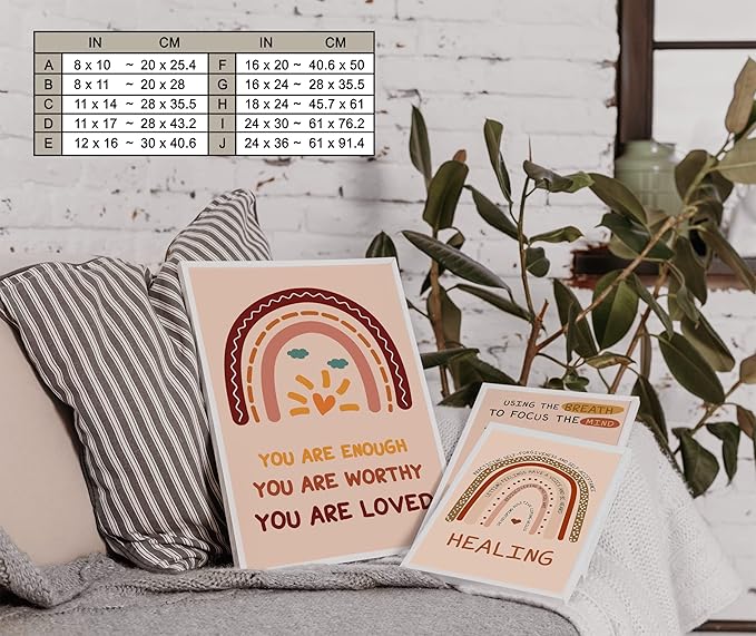 LOLUIS Mental Health Poster, Boho Therapy Tools Educational Supplies Art Print Classroom School Office Decor (Enough Worthy Loved, Custom Frame Type)
