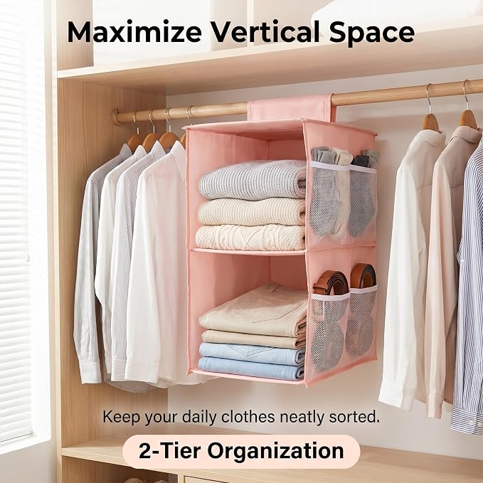 2-Shelf Closet Hanging Organizer Foldable Hanging Storage Shelves with Strong Magic Tapes Space-Saving Wardrobe Hanging Shelf for Clothes Towels Accessories Pink