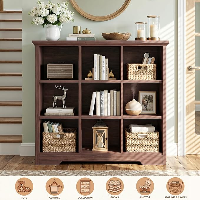 Aheaplus Wooden 9-Cube Storage Organizer with Charging Ports, Modern Cube Bookcase with Base, 4-Tier Floor Standing Open Cubbies Bookshelf, Cubicle Display Shelf for Home and Office, Black Walnut