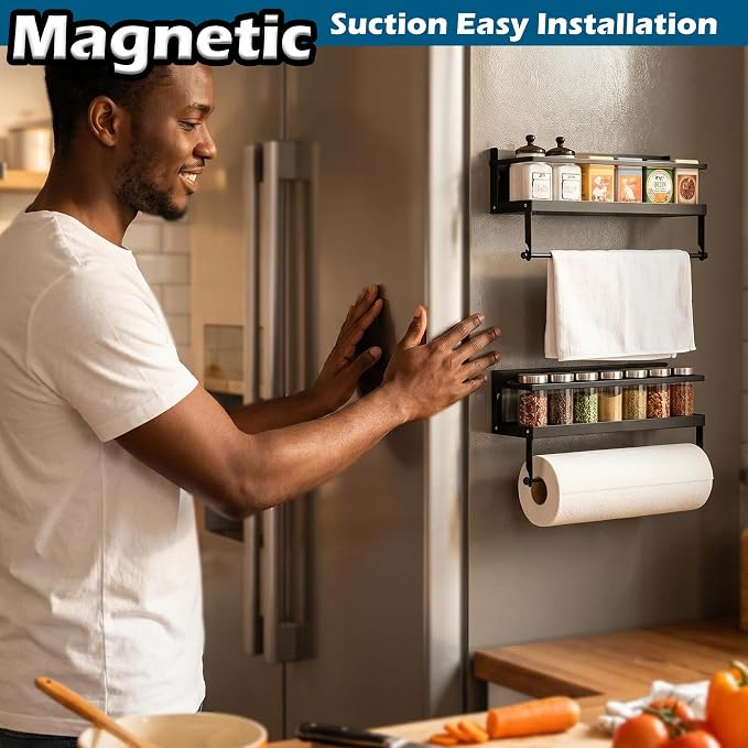 Magnetic Spice Rack Organizer for Refrigerator, 2 Pack, Paper Towel Holder Magnetic with Hooks, Multi Use Kitchen Shelf, 12.8"x4.3"x6.3", Black