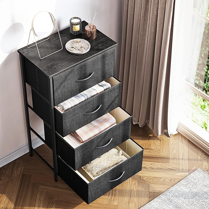 ODK Small Dresser for Bedroom with 4 Storage Drawers, Black | Dresser Chest of Fabric Drawers with Sturdy Steel Frame for Small Space, Wood Top