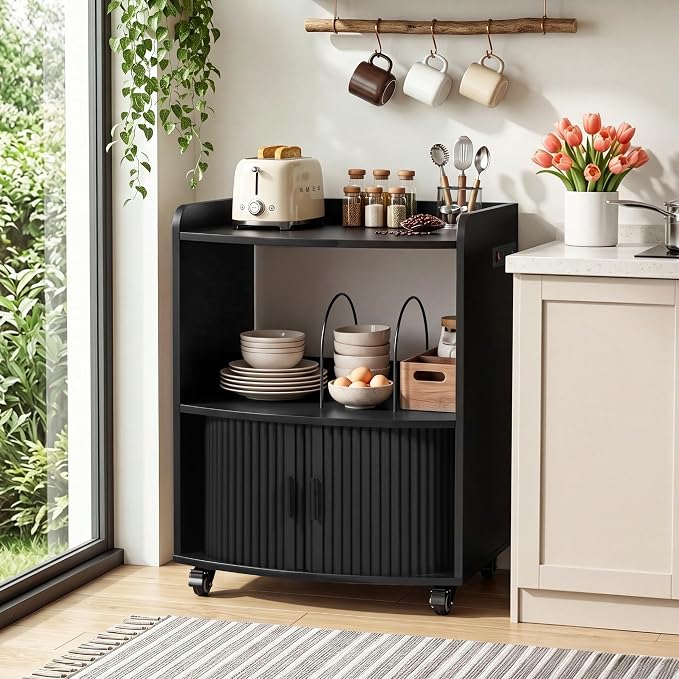 Bifins Coffee Bar Cart for Home, 3 Tier Rolling Serving Carts with Wheels | Coffee Cart with Removable Metal Brackets and Sliding Doors,Mobile Liquor Sideboard Cabinet for Home Bar, Kitchen
