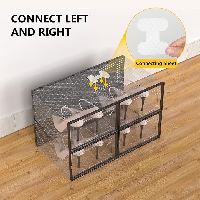 Snaxo 12 Pack XX-Large Clear Shoe Storage Boxes, Stackable Modular Plastic Shoe Organizer Front-Opening Door, Ventilated Dust-Proof Sneaker Display Case Closet, Entryway, Black