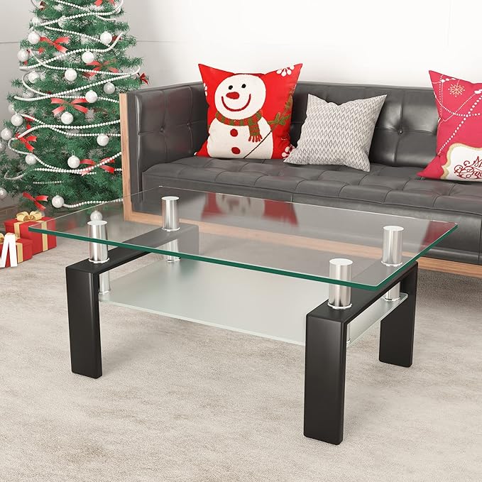Meihua Rectangle Glass Coffee Table 2-Tier Tea Table Modern Center Coffee Table for Living Room