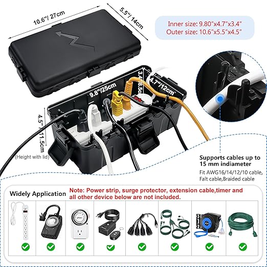 Hrensaw Medium Outdoor Electrical Box(10.6x5.5x4.5inch),IP54 Waterproof Extension Cord Cover w/6 Cable Entry,Weatherproof Connection Box Protect Power Strip,Timer,Plug,Holiday Lights,Black