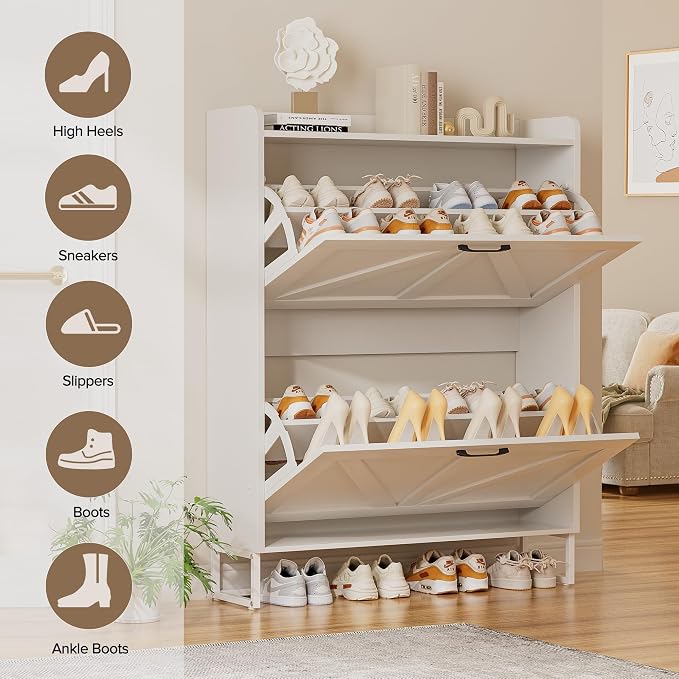 EOYUTLLY Shoe Cabinet for Entryway with 2 Flip Drawers,Narrow Wooden Shoe Storage Cabinet with Metal Legs,Hold 24 Pairs, 4-Tier Adjustable Shelves–Freestanding Hidden Shoe Organizer for Hallway, Foyer