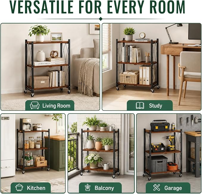 black leopard 3-Tier Foldable Shelf with Wheels, Wood-Grain Steel Shelves | Pre-assembled frame unfolds in seconds with tool-free wheel setup for fast, convenient use.
