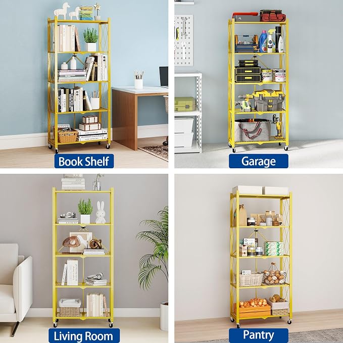 5 Tier Foldable Storage Shelves with Wheels -No Assembly Metal Folding Shelves Collapsible Shelving Unit Display Heavy Duty Rolling Shelf for Home Kitchen Office Room (Gold, 64" x 13" x 27")