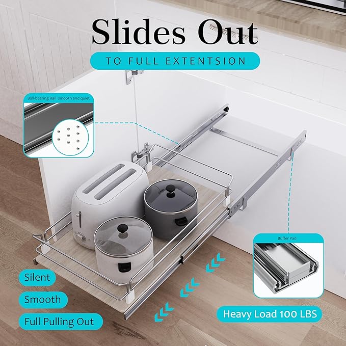 Pull Out Cabinet Organizer 19.08" W X 22" D, Wood & Chromed | Full Slide Out Drawers For Kitchen Cabinets, Cabinets Capacity Heavy Duty Caddy, Cabinet Pullout Shelves , Pantry Storage