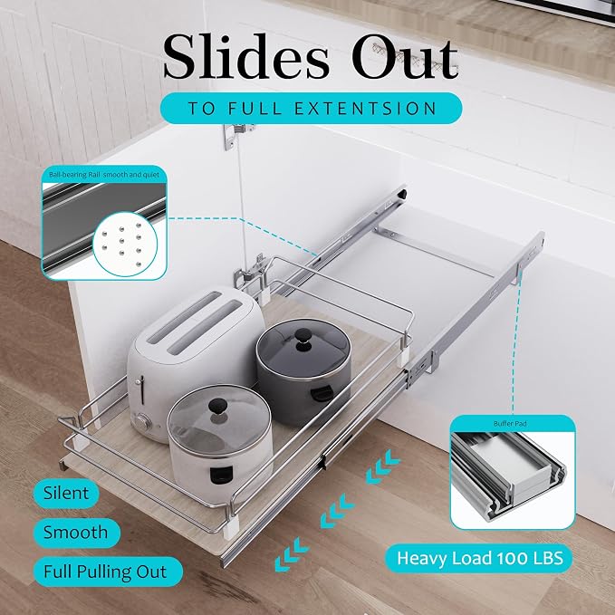 Pull Out Cabinet Organizer 17.45" W X 22" D, Wood & Chromed | Full Slide Out Drawers For Kitchen Cabinets, Cabinets Capacity Heavy Duty Caddy, Cabinet Pullout Shelves , Pantry Storage