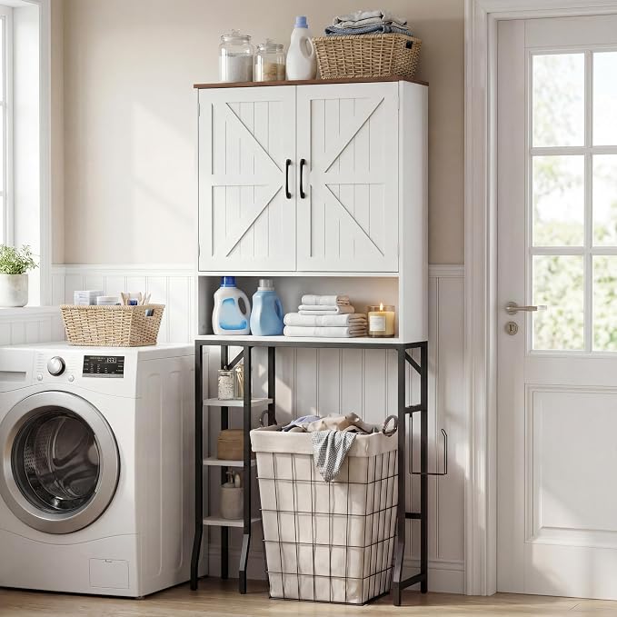 31" Over The Toilet Storage Cabinet with Barn Door,Bathroom Organizers and Storage with Adjustable Shelves, Farmhouse Over Toilet Organizer for Bathroom,Restroom,Laundry,White