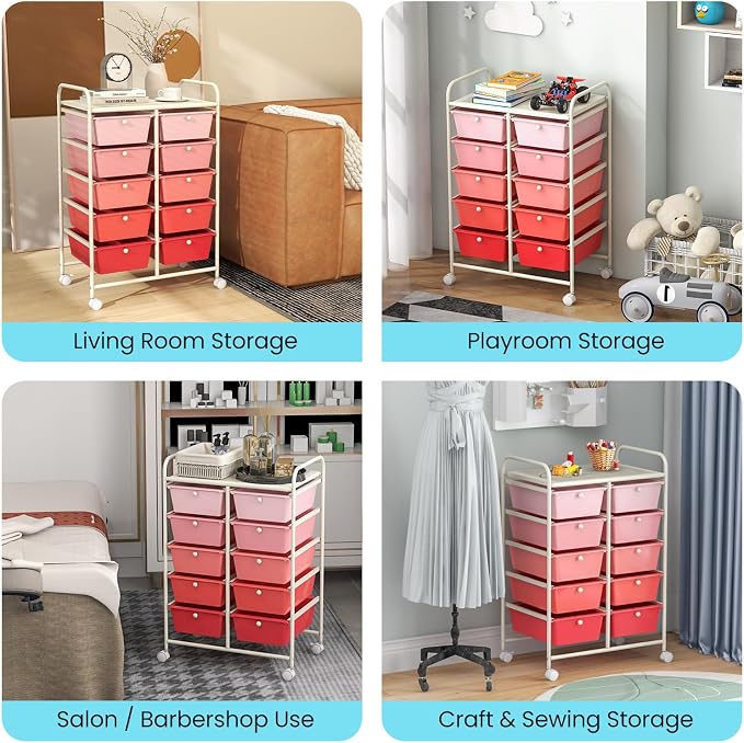 BECOMFORT 10-Drawer Rolling Cart with Drawers, Storage Cart on Wheels, Teacher Classroom Organizers with Metal Frame, Mobile Craft Cart, Trolley Utility Cart for School Office Play Room