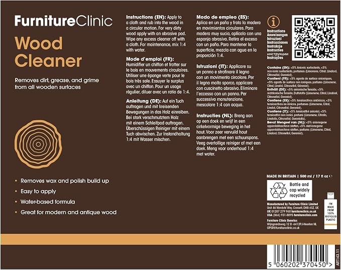 Furniture Clinic Wood Cleaner | Cleans Furniture, Shelves, Tables, Barstools, Cabinets & Other Wood Surfaces | Easily Remove Build Up, Grease and Dust | 17oz/500ml
