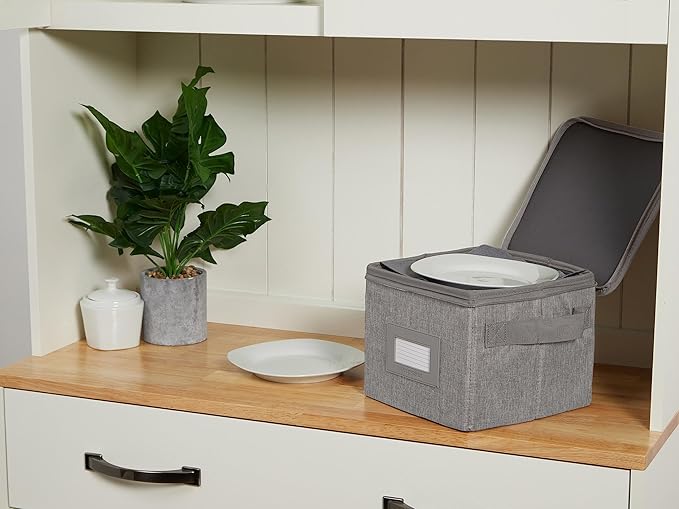 Covermates Dish Storage Box Set – China & Dinner Plate Storage Containers with Felt Dividers, Dual Zippers, Reinforced Handles, ID Window & Stackable Design, Grey Heather