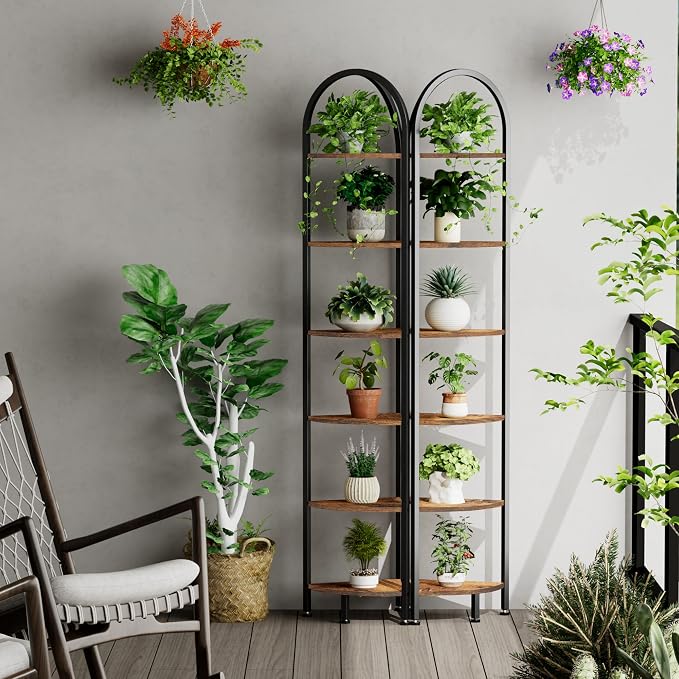 Homhedy 6-Tier Arched Corner Shelf Stand, Wall Corner Bookshelf | Plant Stand with Metal Frame, Industrial Storage Rack Shelf for Living Room, Bedroom, Office, Bathroom, Rustic Brown
