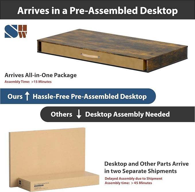 SHW 48-Inch Electric Height Adjustable Desk w/Keyboard Tray, Rustic Brown | w/ 2 Drawers | Memory Presets and Cable Management | Hanging Hooks