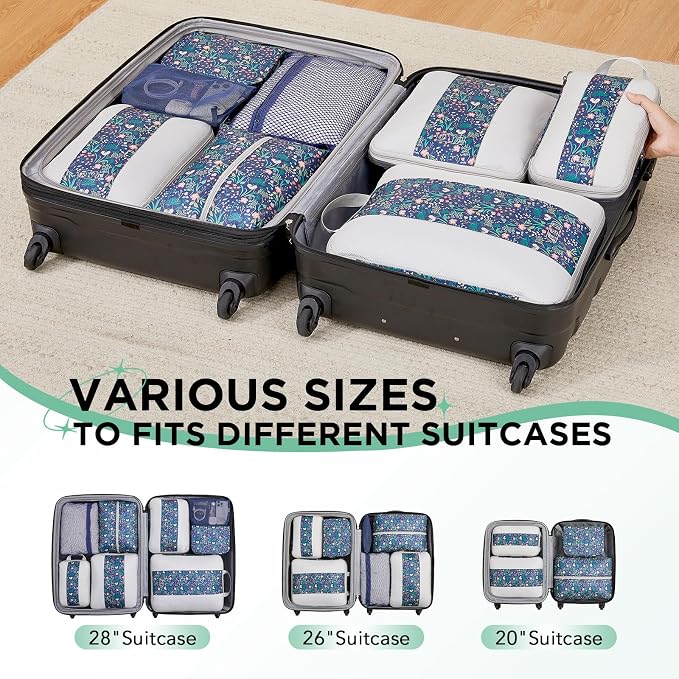 OlarHike 8 Set Compression Packing Cubes for Travel Essentials,Compressible Expandable Space Saver Bags for Organizing Clothes,Luggage Garment Bags with Over 1000 pcs Mesh Holes(Dark Blue Floral)