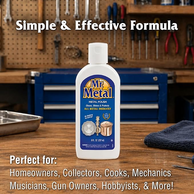 Mr. Metal Metal Polish Liquid, Multipurpose Cleaner, Tarnish Remover, 8 oz | Non-Abrasive, For Sterling Silver & Silverplate, Brass, Copper, Stainless Steel, Pewter & Chrome, Removes Tarnish Fast