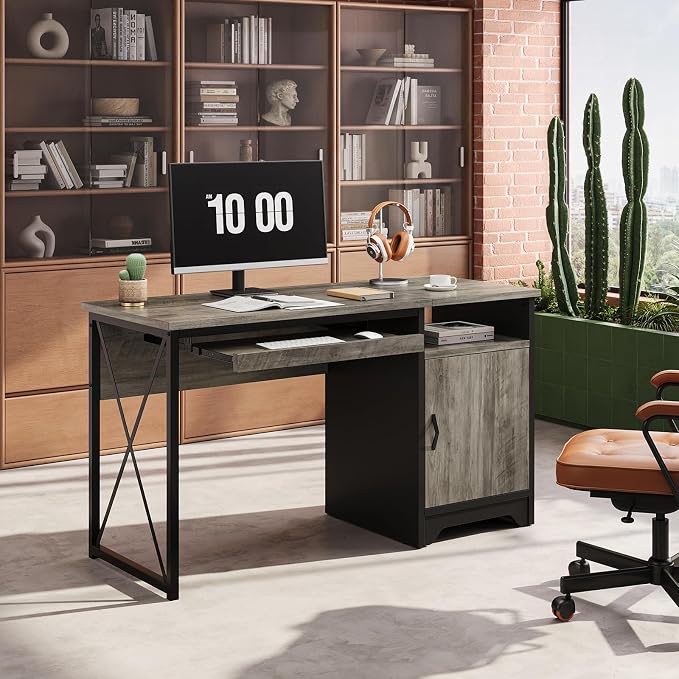 Bestier 47-Inch Office Desk with Storage Cabinet & Keyboard Tray, Grey | 47 Inch Desktop, Right Storage Cabinet, Sliding Keyboard Tray And X-Frame Support Create A Small-Space Home Office Desk.