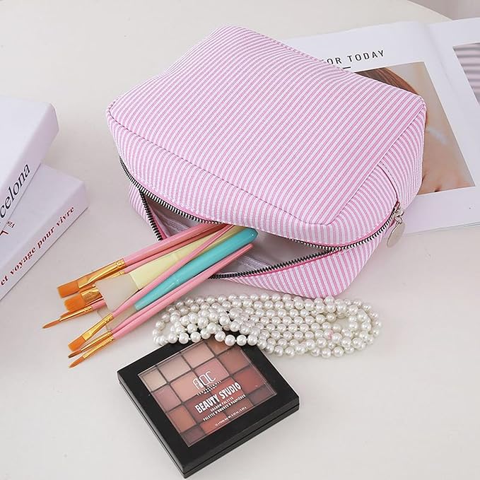 Large Capacity Striped Pencil Case Cosmetic Bag with Zipper Portable Stationery Organizer Pouch for School Students Teens Travel Toiletry Bag (Yellow)