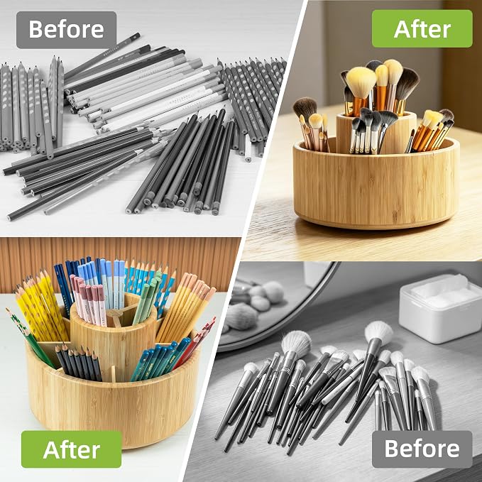 Utoplike Large Bamboo Rotating Pencil Holder, 360° Colored Pen Organizer | Spinning Art Supply Desk Caddy with Raised Center, 11-Compartment Desktop Storage for Pens, Markers and Office Supplies