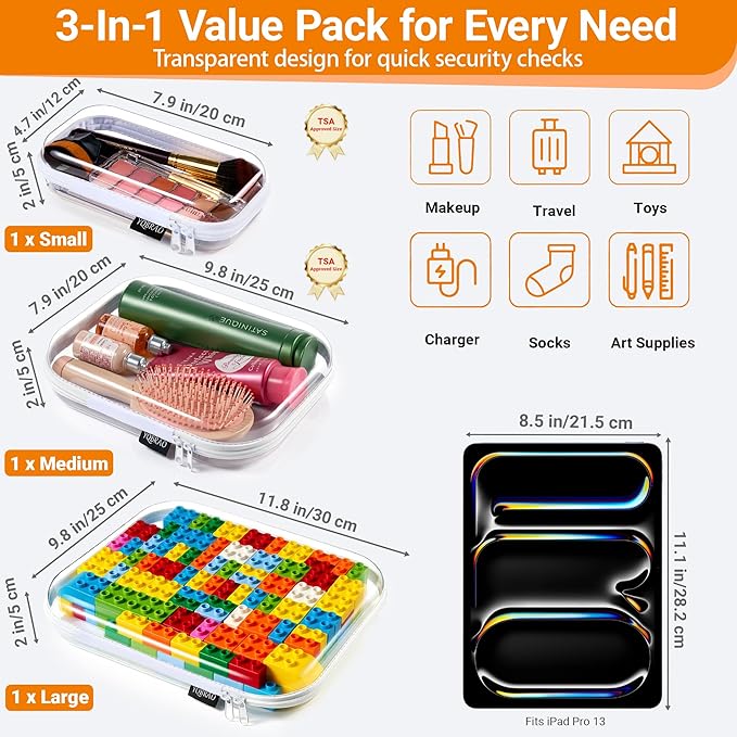 YQBRAO Clear Hard Shell Organizer Cases, Multi-Size (L, M & S), 3-Pack | 1.2 mm clear PET organizers in three sizes for toiletries, cosmetics, electronics, travel items, and everyday storage