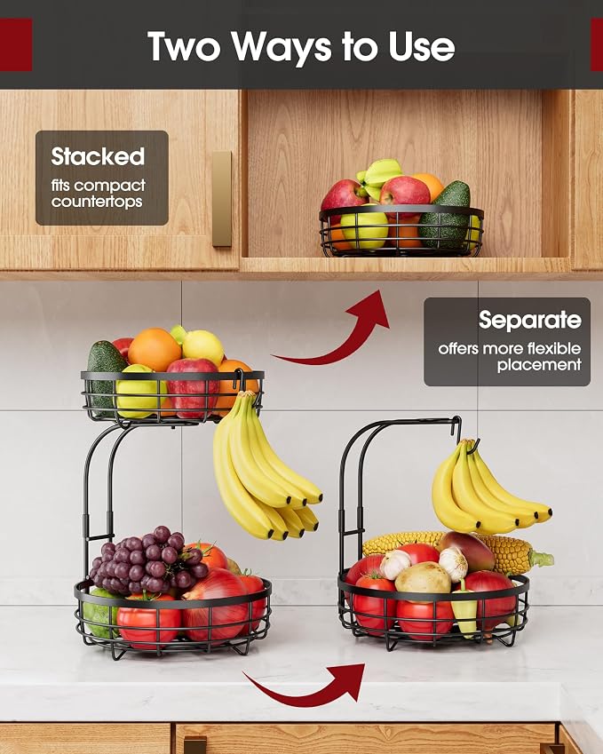 Sakugi Fruit Basket for Kitchen Counter - 2-Tier Large Capacity Fruit Bowl with Detachable Banana Hanger, Rust-Proof Metal Fruit Holder for Vegetables, Bread, Toiletry,10" D x 10" W x 14" H, Black