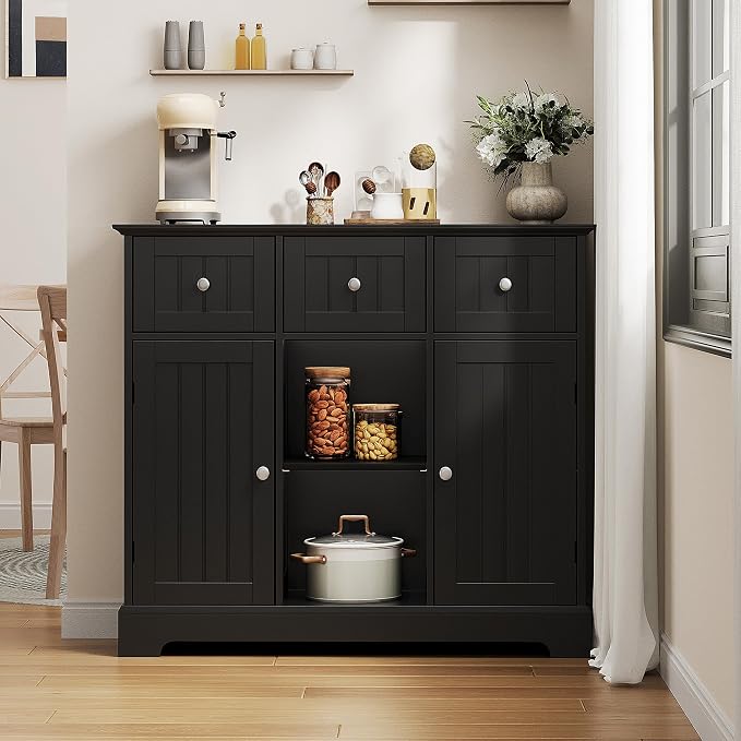 ChooChoo 35.4" Coffee Bar Cabinet with 3 Drawers and 2 Doors, Black | Buffet Cabinet with Adjustable Shelves, Storage Cabinet for Compact Kitchens, Dining rooms and Living rooms